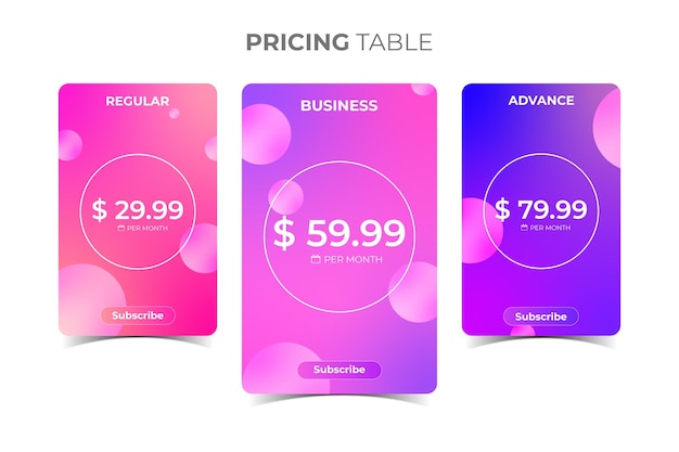 price table template, subscription plan pricing table, web service checklist UI template design.