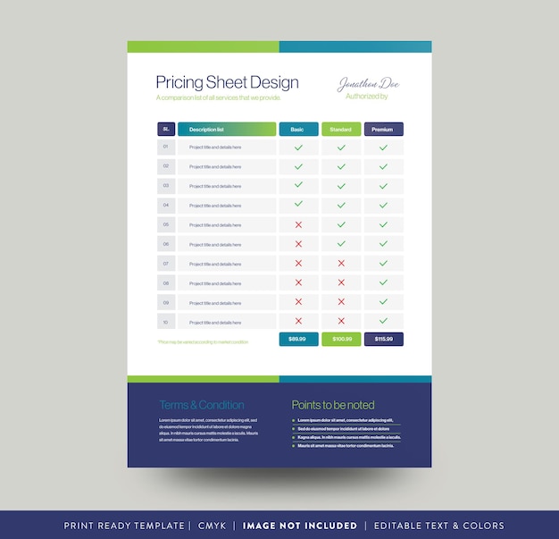 Pricing Sheet Design Costing Flyer or Pricing table comparison Invoice Design