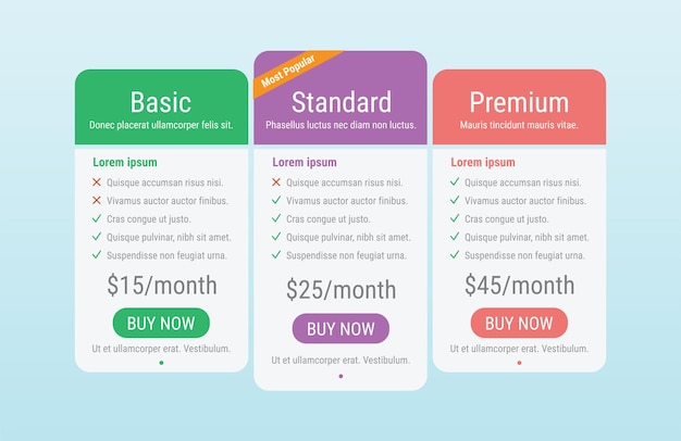 Pricing table for business vector illustration on light blue background.