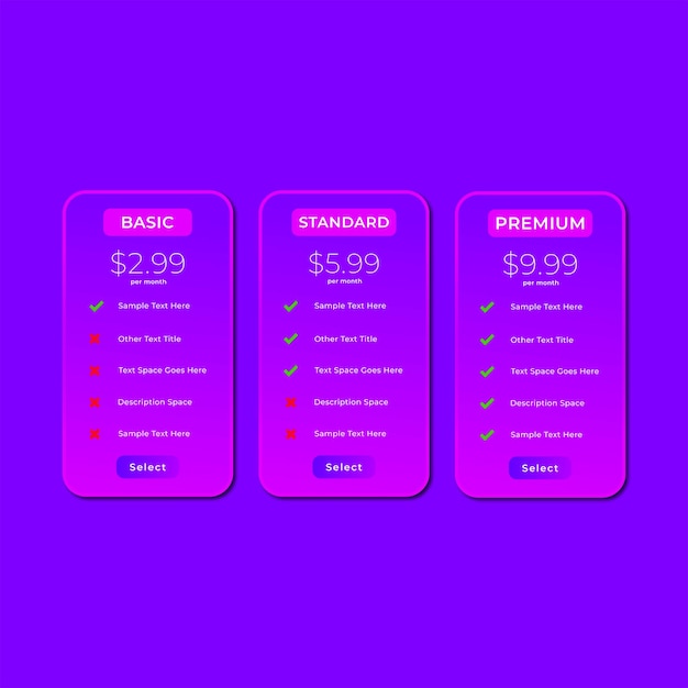 Pricing table template design of website premium vector