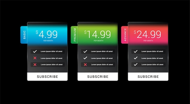 Pricing table with glassmorph style plans website application