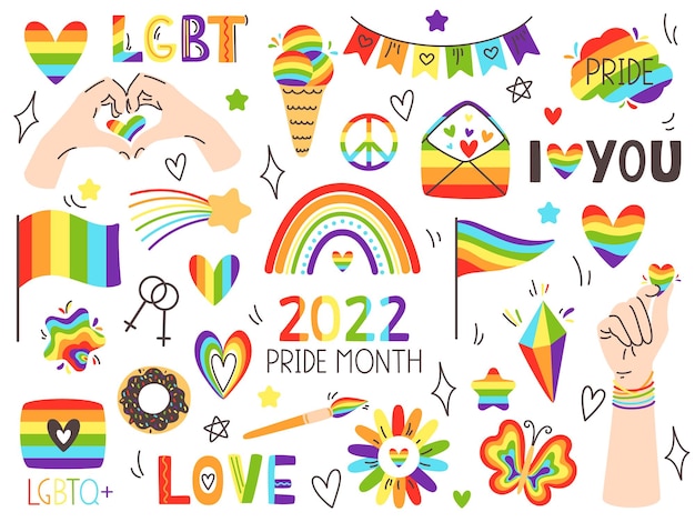 Pride LGBT symbols Pride month love signs and rainbow flags LGBTQ plus community festival icons vector set