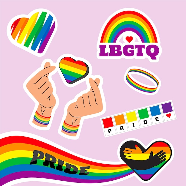 Pride LGBTQ sticker set symbols set in rainbow color Pride Flag Heart Peace Rainbow Love Freedom Symbols Gay Pride Month Flat design signs isolated