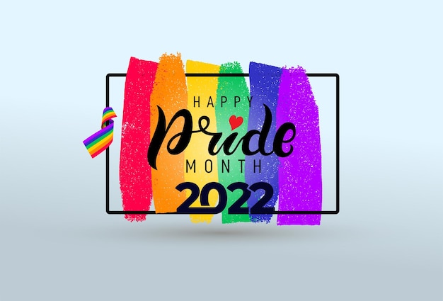 Pride month 2022 logo with rainbow flag Pride symbol with heart LGBT sexual minorities gays and lesbians Banner Love is love Template designer sign icon colorful brush strockes rainbow