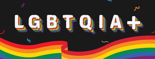 Vector pride month banner background with lgbtqia text and wavy rainbow flag at border vector design