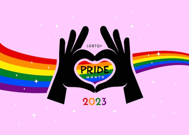 Pride month love hand gestures pride day rainbow flag stars in pink background