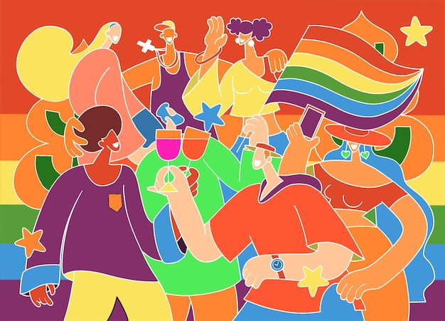 Pride parade, A crowd marching in a Pride parade. Members of the lesbian, gay, bisexual, and transgender community. a trend that involves a diverse set of people, A vector illustration of a doodle