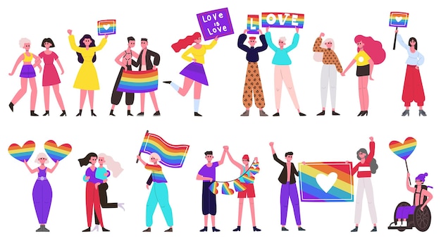 Pride parade. Lgbtq community movement, lesbian, gay, bisexual and transgender people group with rainbow flags and hearts. Love parade set. Lgbtq rainbow freedom parade for rights