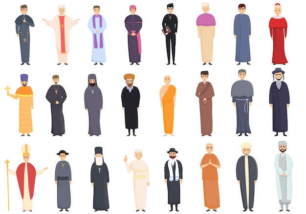 Priest icons set. Cartoon set of priest icons