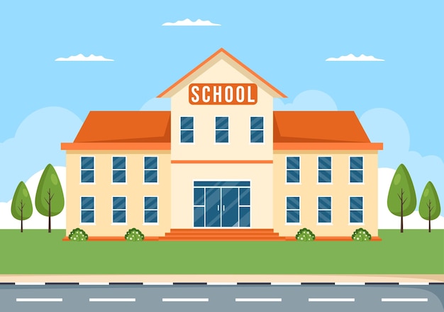 Primary School with Building Structure and Eksterior in Template Hand Drawn Cartoon Illustration