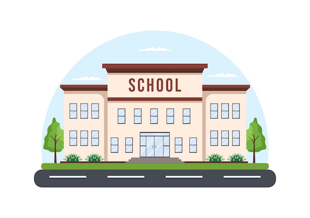 Primary School with Building Structure and Eksterior in Template Hand Drawn Cartoon Illustration