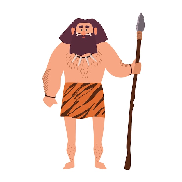 Primitive archaic man wearing loincloth made of animal skin and holding spear