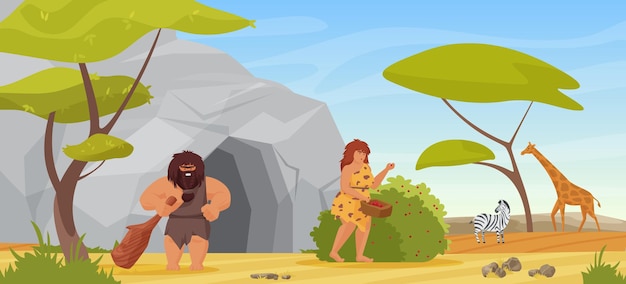 Vector primitive couple people hunter caveman holding club for hunting woman picking berries.