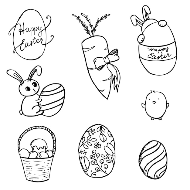 Primitive cute easter element set with bunny eggs and basket outlines flat vector illustration