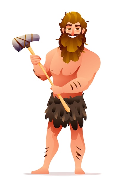 Primitive man character Prehistoric stone age caveman holding a weapon cartoon illustration