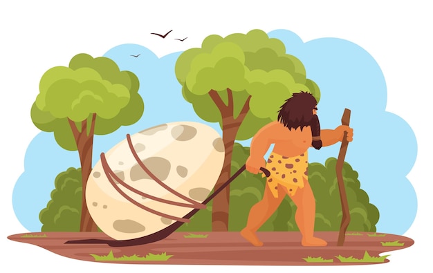 Vector primitive man with prehistoric dinosaur egg stone age hungry hunter caveman hunting