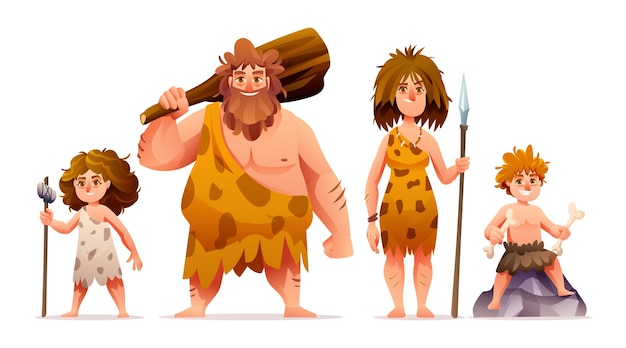 Primitive people characters. Prehistoric stone age caveman family cartoon illustration