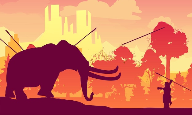 primitive people hunt mammoth with spears beautiful scenery vector