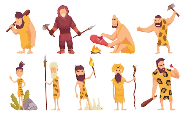 Primitive people in stone age cartoon icons set with cavemen pelt