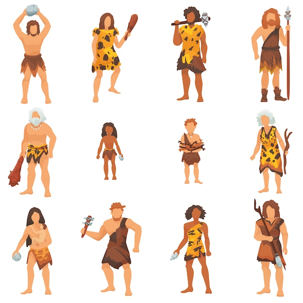 Primitive people vector primeval neanderthal cartoon character and ancient caveman in stone age cave