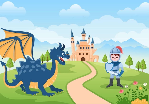 Prince Queen and Knight with Dragon in Front of the Castle with Palace and Scenery in Illustration