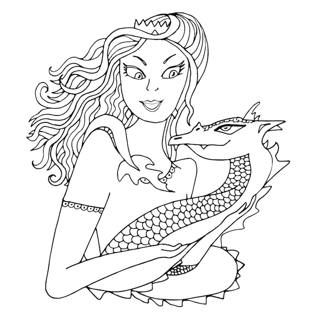 Princess and dragon Friendship Coloring book Fairy tale vector illustration