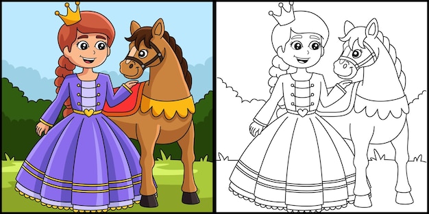 Princess And Horse Coloring Page Illustration