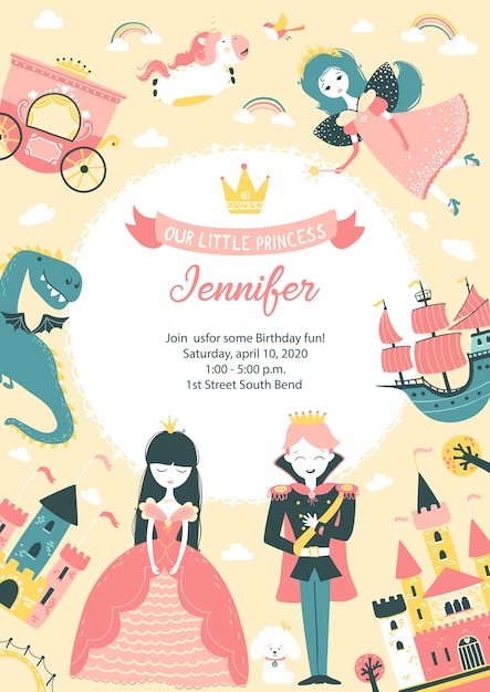 Princess party birthday invitation with template for text. Cute vertical postcard, banner for baby girl with castle, prince, princess, fairy, unicorn, dog, dragon, crown