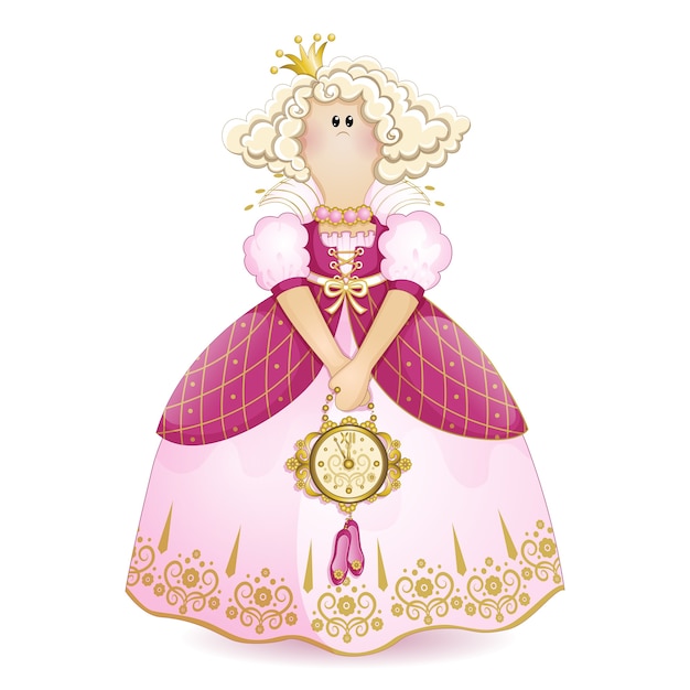 Princess rag in a ball gown with a watch-shaped handbag