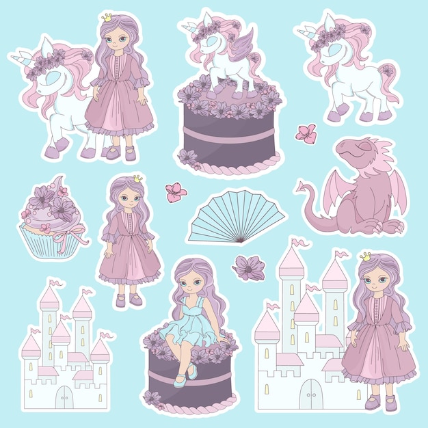 PRINCESS STICKERS Long Haired Girl In Pink Long Dress Next Castle With Unicorn And Dragon Pink Flowers On Cake Cartoon Clipart Vector Illustration Set for Print