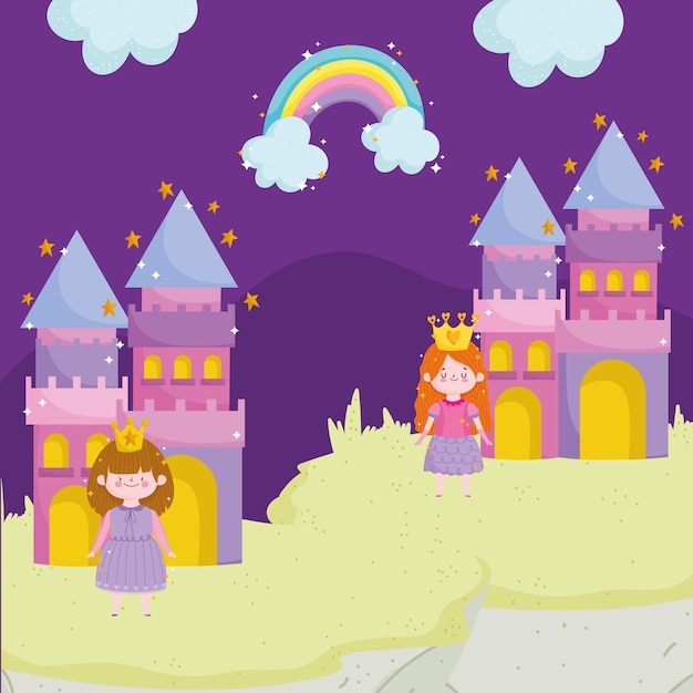 Princess tale cartoon princesses character castles rainbow vector illustration