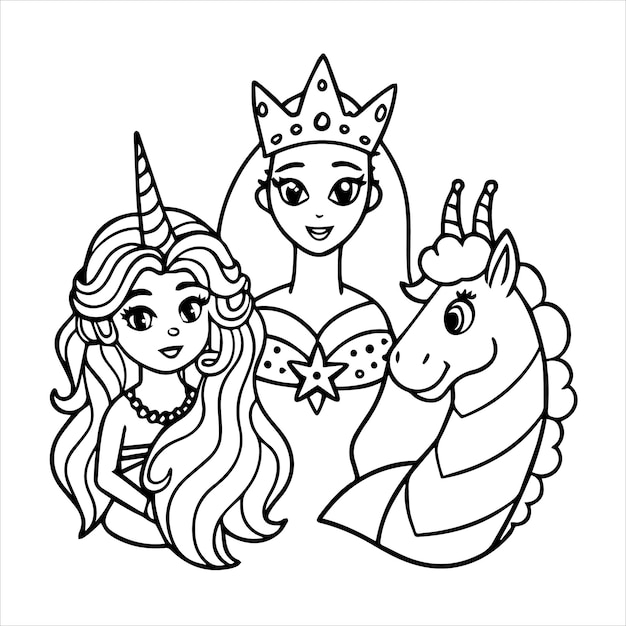 a princess and a unicorn are on a white background