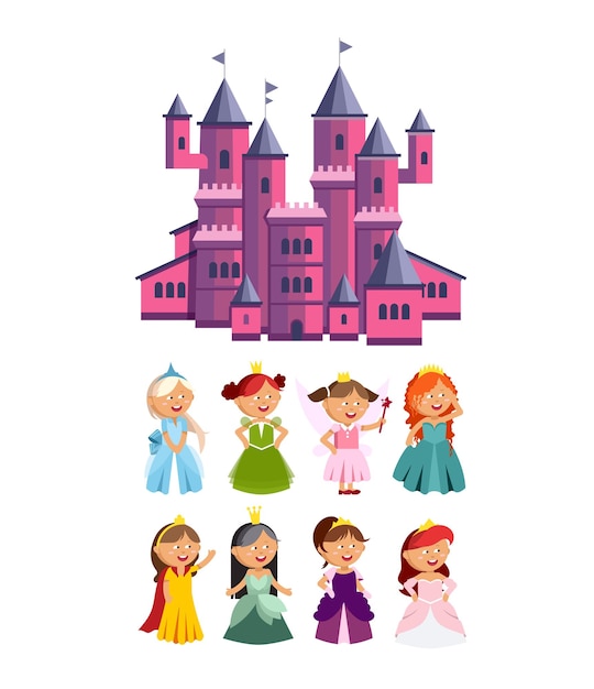 Princesses vector set cute collection of beautiful characters Adorable elegance style little fairy girls with pink castle