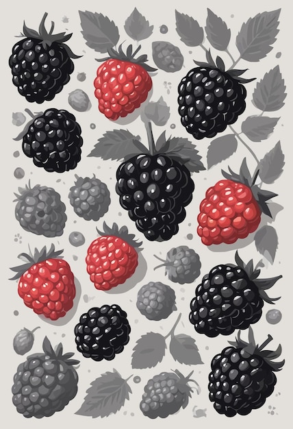 a print of blackberries and blackberries with leaves and leaves