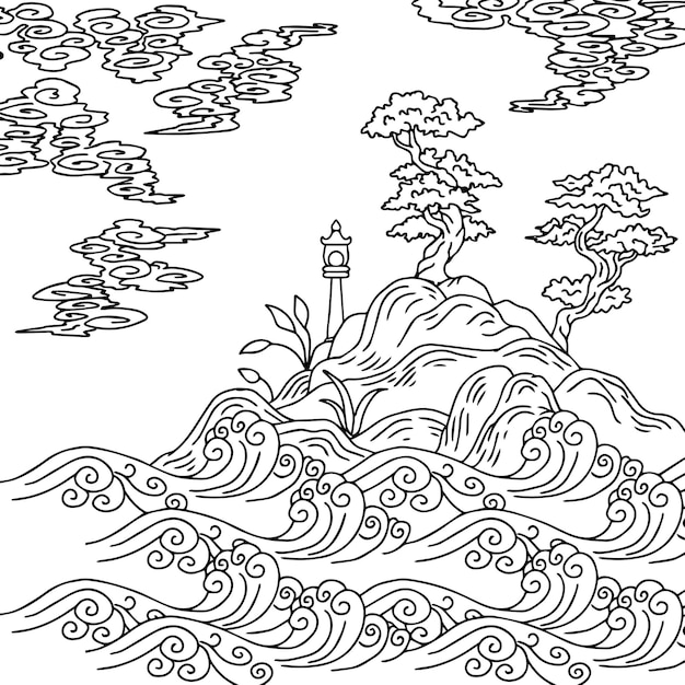 Print Design Asian Landscape Painting Outline