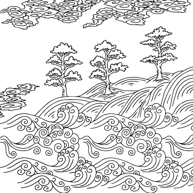 Print Design Asian Landscape Painting Outline