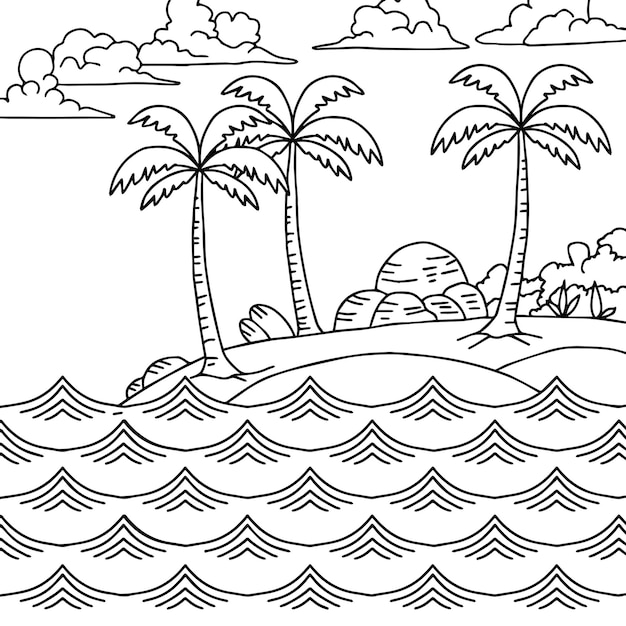 Print Design Beach Landscape Outline for Coloring Page or Element