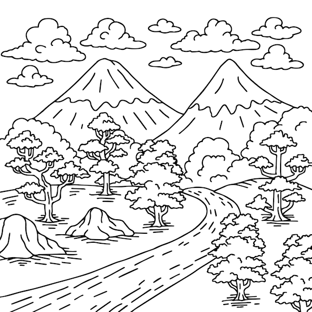 Print Design Nature Landscape Outline Coloring Page