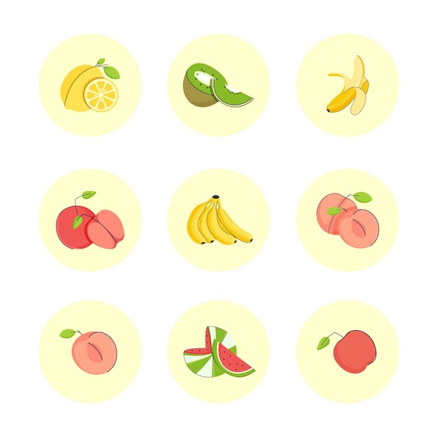 Print design vector illustration icons fruits collection. Cute set with flat style icons.