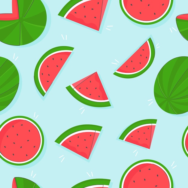 Print design vector illustration of red and green watermelon on blue background. Seamless pattern wi