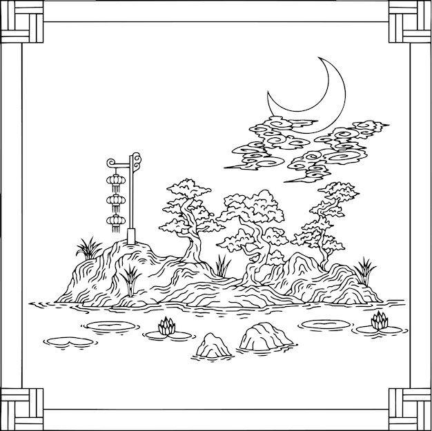 Print Design wall art asian landscape outline