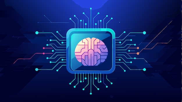 Print Digital AI Chip Integral Into Abstract Technology Brain on Dark Blue Background Vector