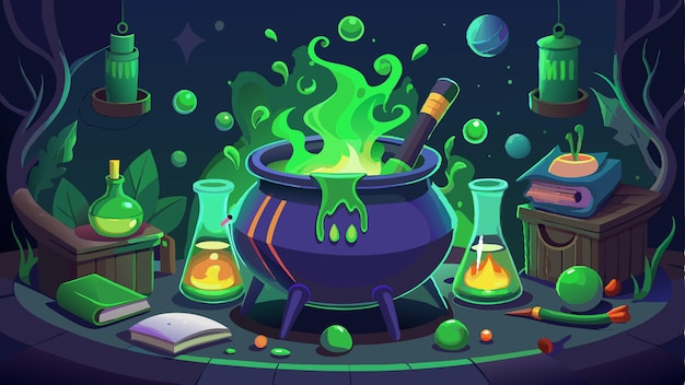 Vector print halloween cauldron with bubbling potions and spooky background vector illustration