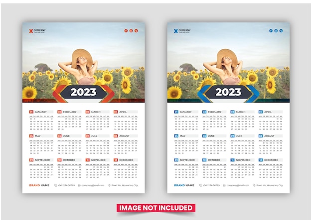 Print Ready One Page wall calendar template design for 2023, Week starts on Sunday calendar design 2023, Print Ready singlepage wall calendar template design for 2023, Planner diary with Place for Pho