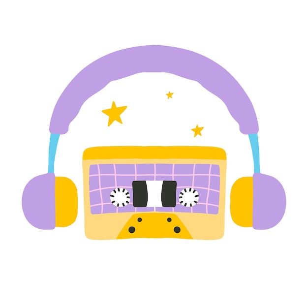 Print in retro style Cassette with headphones in the style of the 60s 70s Vector illustrationRetro music