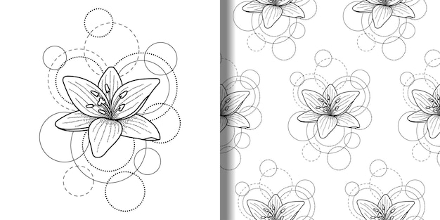 Print and seamless pattern set with lily and circles