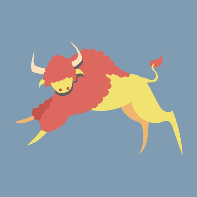 Print with cartoon yellow and red bison with big horns, an illustration with a wild animal for kids