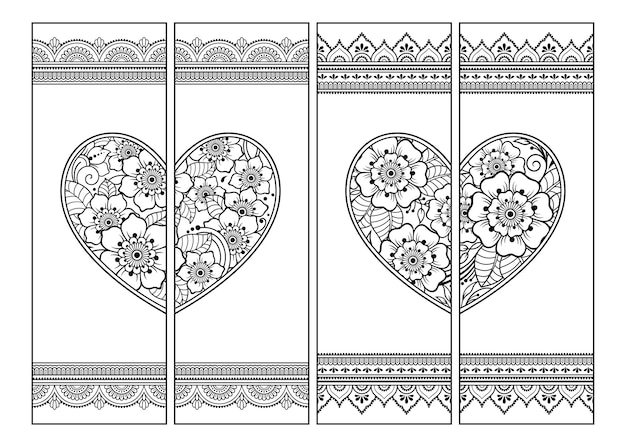 Printable bookmark for book - coloring. Set of black and white labels with heart and flower patterns in mehndi style. Sketch of ornaments for creativity of children and adults with colored pencils.