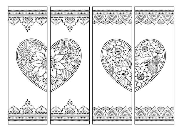 Printable bookmark for book - coloring. Set of black and white labels with heart and flower patterns in mehndi style. Sketch of ornaments for creativity of children and adults with colored pencils.