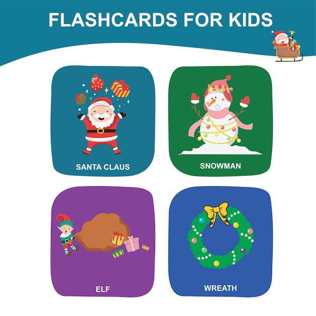 Printable Christmas Flashcards for Children. Educational game card for preschool. Ready to print.